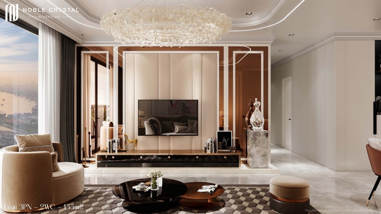 Nhà mẫu căn hộ 3 phòng ngủ, 2 WC, 155m2 chung cư Noble Crystal Riverside quận 7