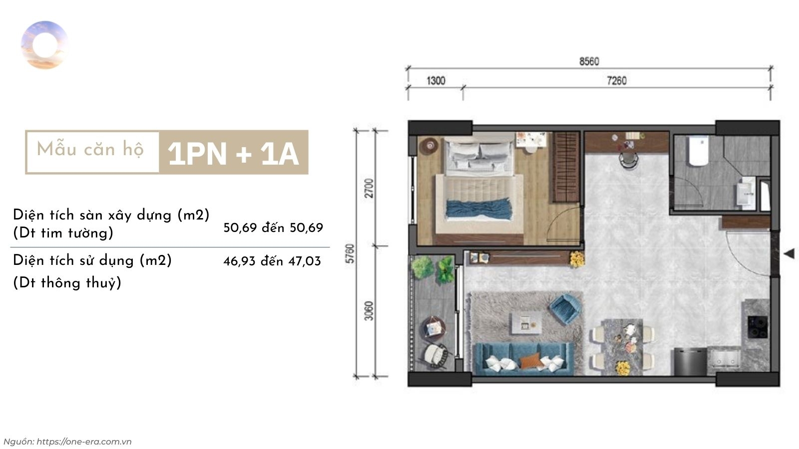 Thiết kế layout căn hộ 1 phòng ngủ (1PN) One Era
