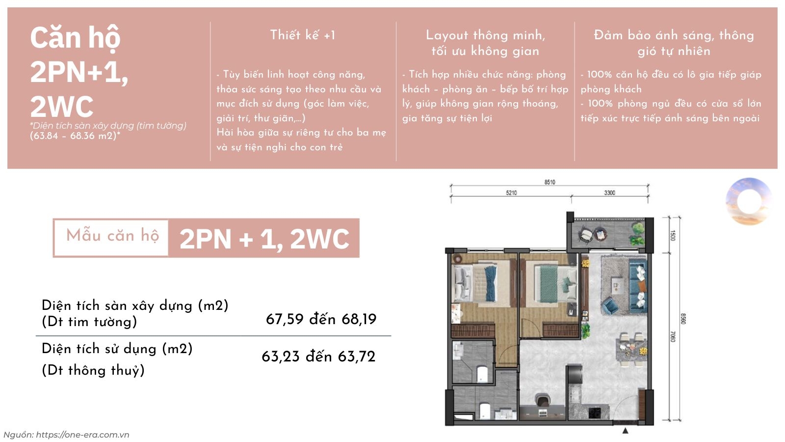 Thiết kế layout căn hộ 2 phòng ngủ (2PN) One Era