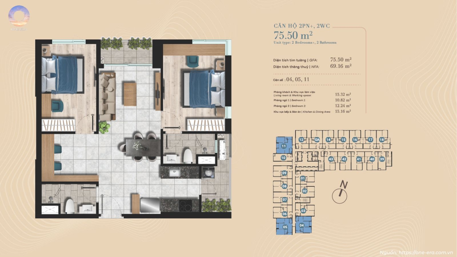 Thiết kế layout căn hộ 2PN 2WC dự án One Era