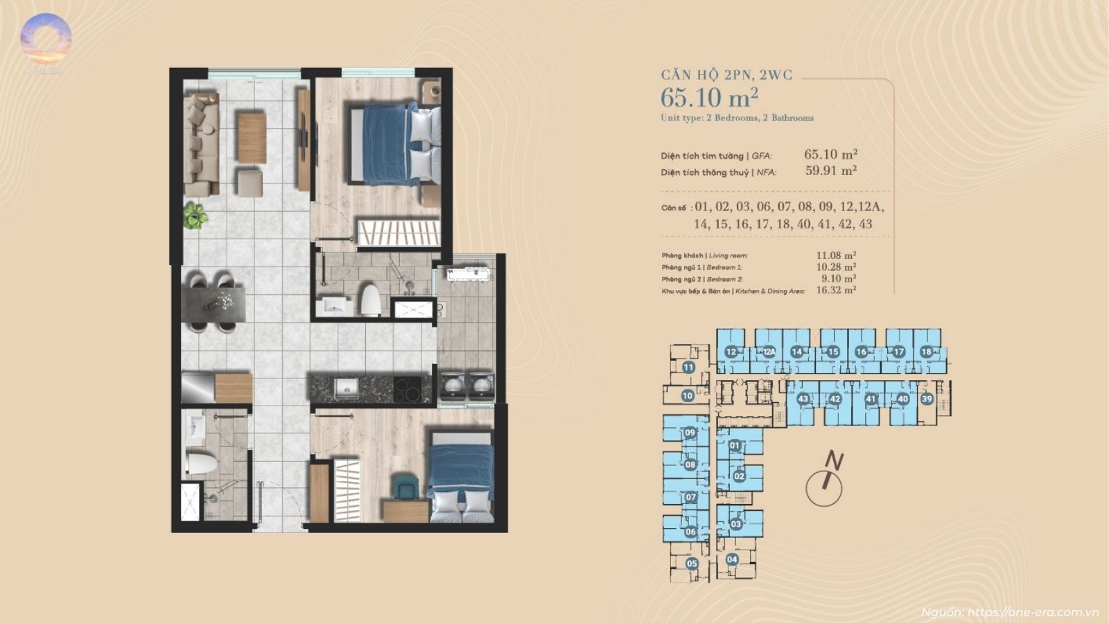 Thiết kế layout căn hộ 2PN 2WC dự án One Era