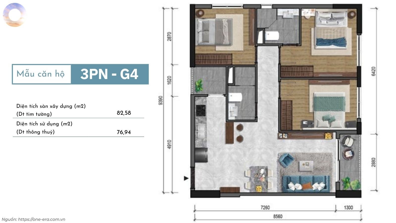 Thiết kế layout căn hộ 3 phòng ngủ (3PN) One Era