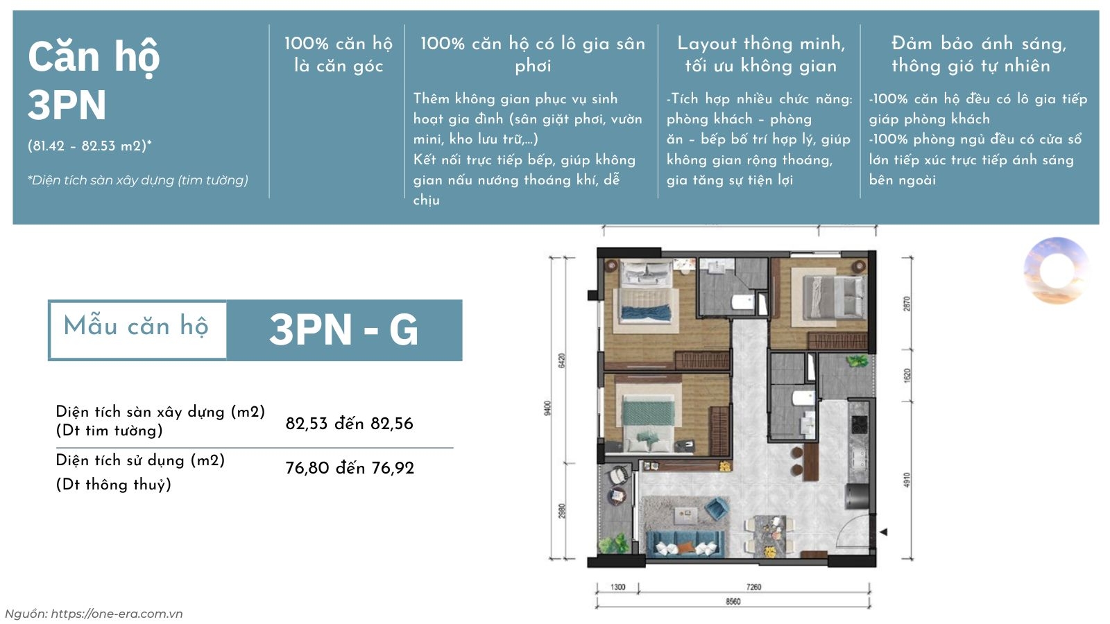 Thiết kế layout căn hộ 3 phòng ngủ (3PN) One Era