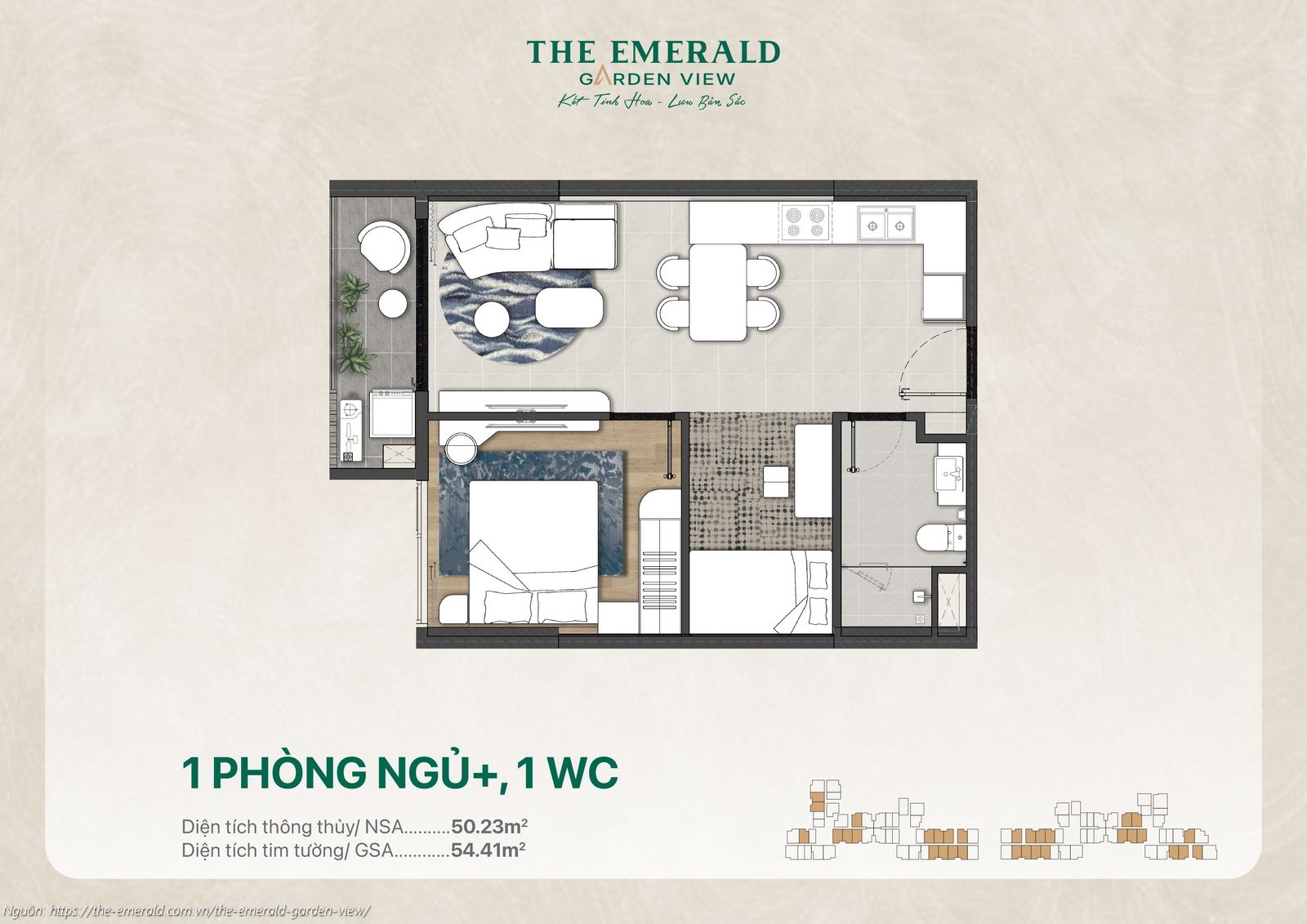 Mặt bằng thiết kế căn hộ 1 phòng ngủ cộng (1PN+) diện tích 54.41m2 dự án The Emerald Garden View