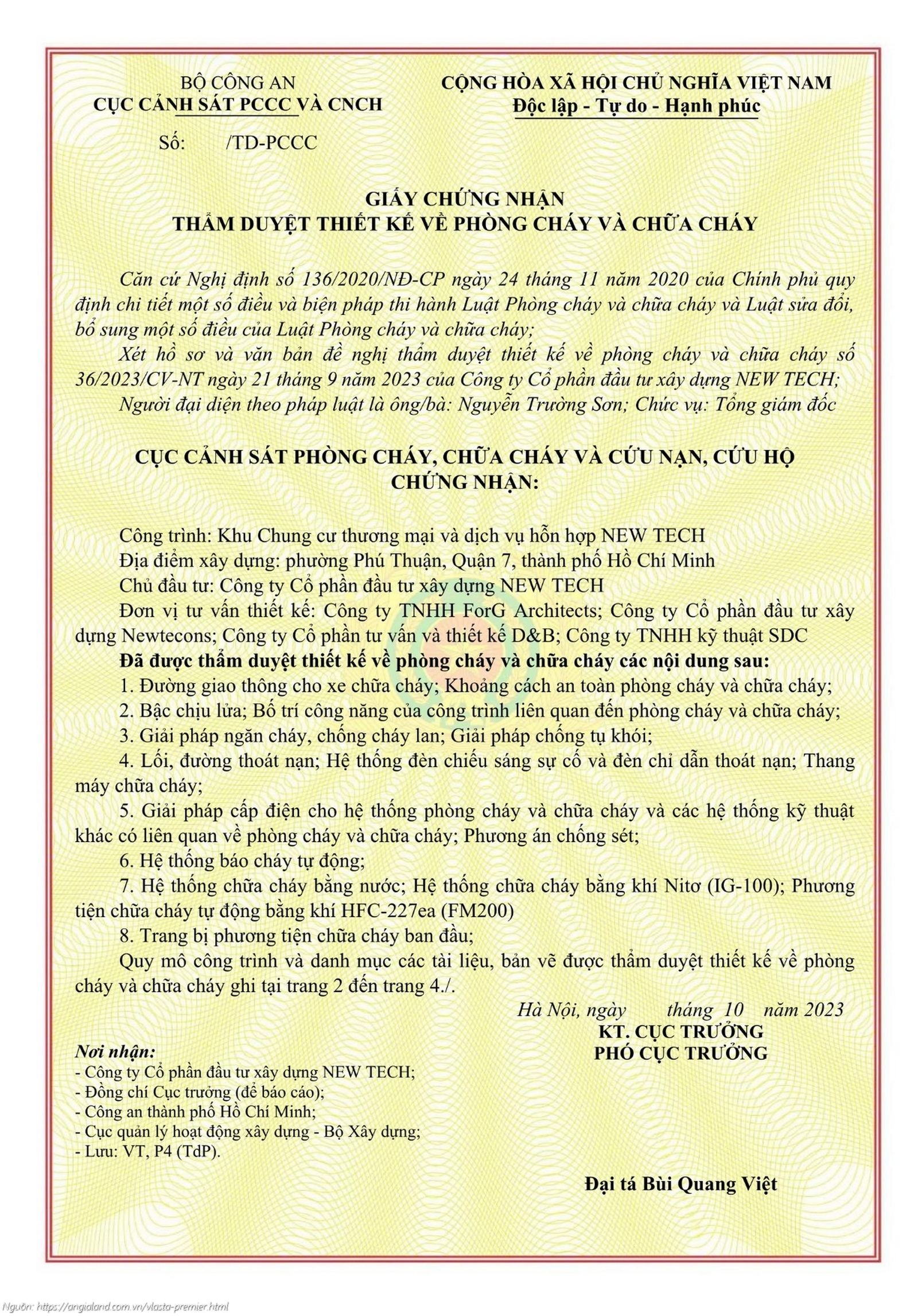 Giấy chứng nhận thẩm duyệt thiết kế phòng cháy chữa cháy dự án Vlasta Premier Quận 7