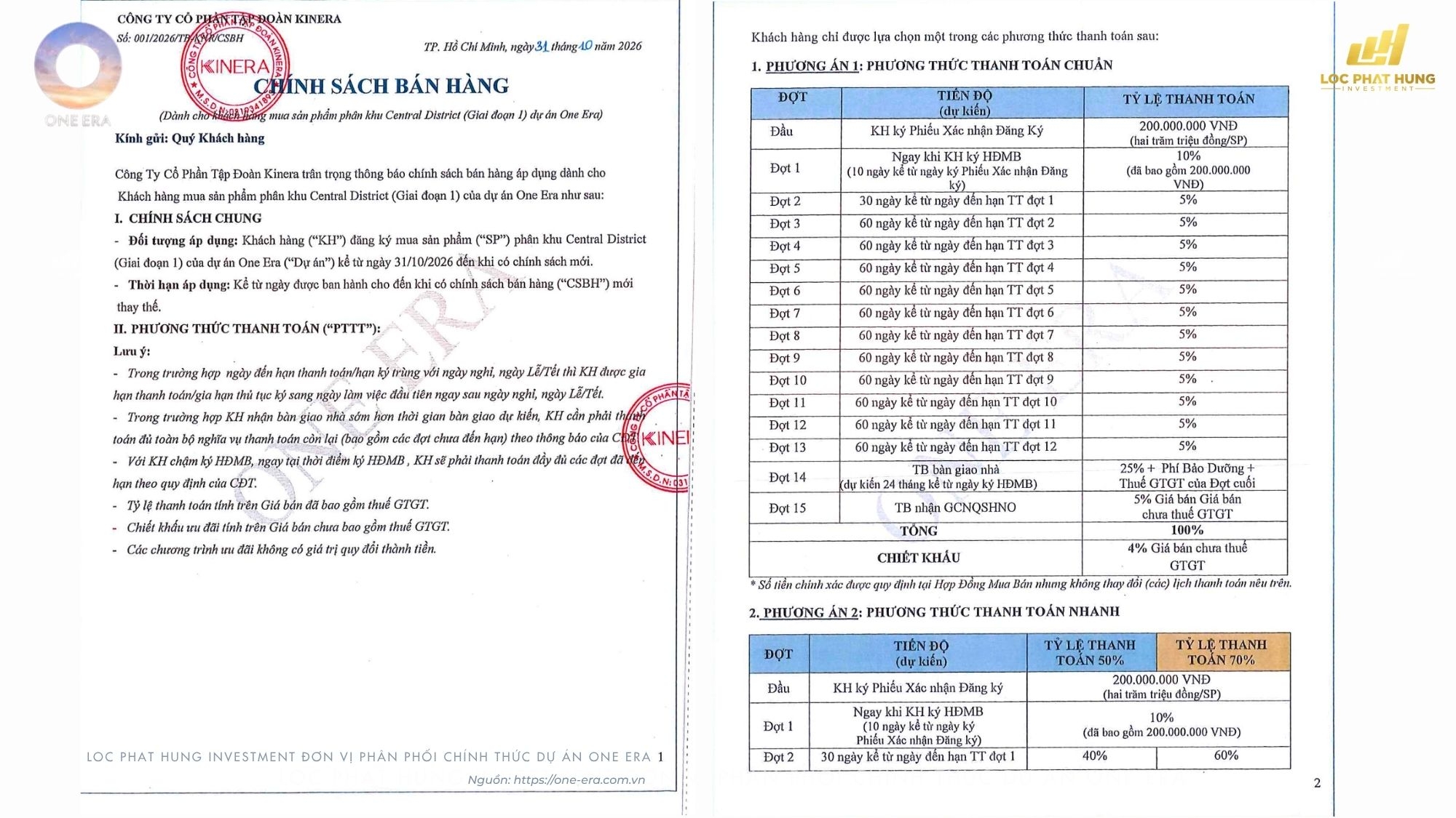 Chính sách bán hàng One Era áp dụng từ tháng 10/2026
