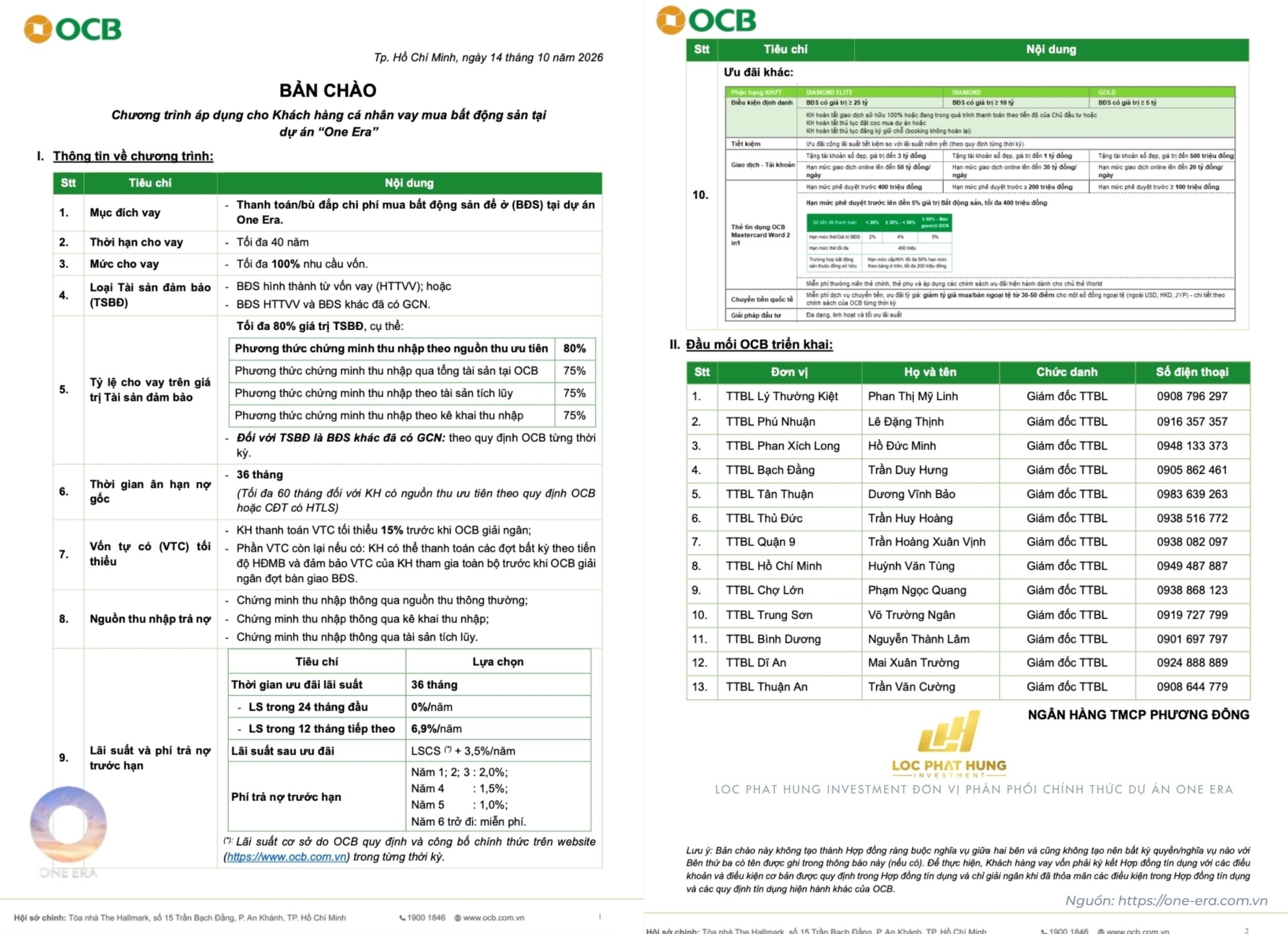 Chương trình cho vay dự án One Era ngân hàng OCB