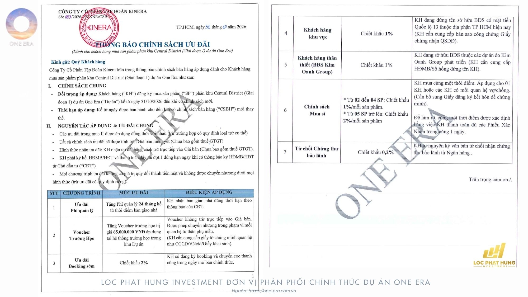 Văn bản thông báo chính sách ưu đãi One Era